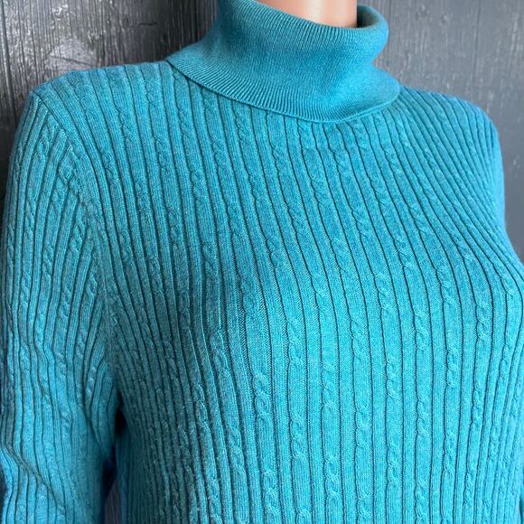 Talbots Cable Knit Cotton Blend Turtleneck Sweater Aqua XL Preppy Casual XL - Picture 2 of 4